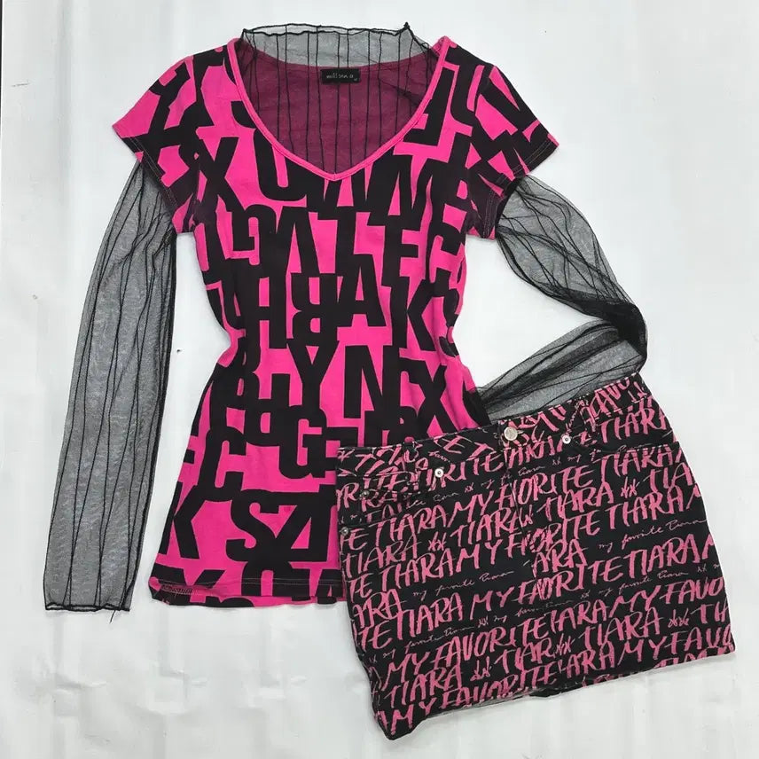[BUNJANG] Vintage Y2K Harajuku Hime Mini Skirt Set / 일본빈티지 팝갸루 핫핑크 Y2K 하라주쿠 히메 프린팅 미니스커트 코디세트
