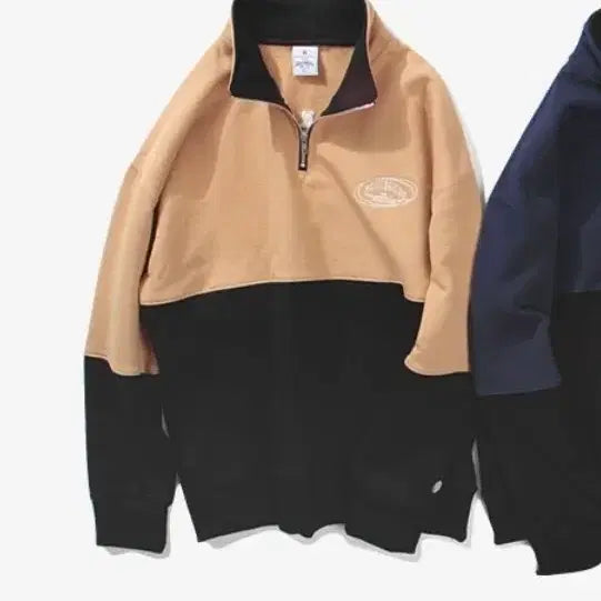 [BUNJANG] Gainsborough Color Blocking Half-Zip Sweatshirt / 게인스보로 기모 컬러웨이 배색 하프집업 맨투맨 티셔츠 베이지