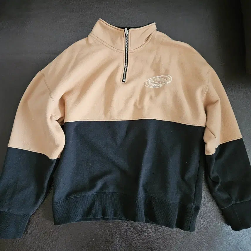 [BUNJANG] Gainsborough Color Blocking Half-Zip Sweatshirt / 게인스보로 기모 컬러웨이 배색 하프집업 맨투맨 티셔츠 베이지