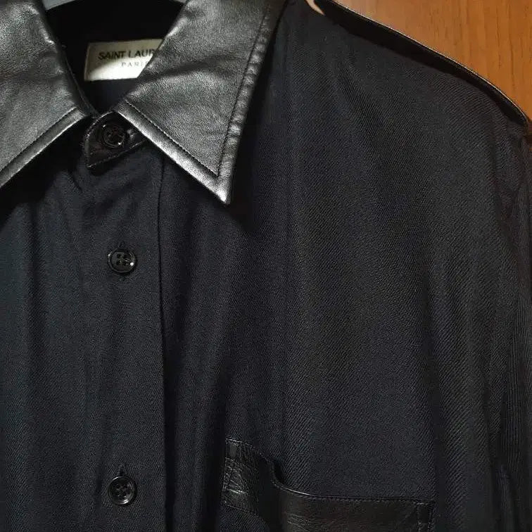 [BUNJANG] Saint Laurent Leather Collar Black Shirt / 생로랑 가죽 칼라 블랙 셔츠