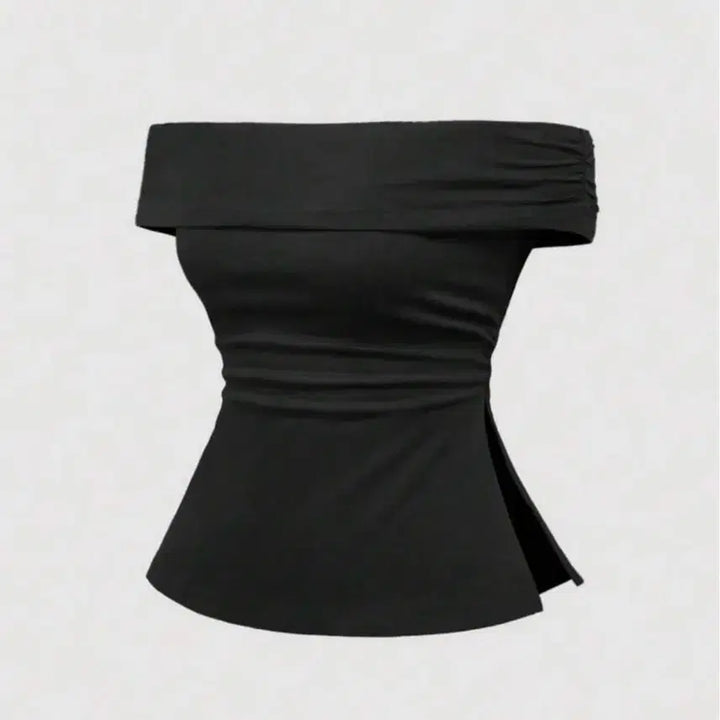 [BUNJANG] Off-Shoulder Shirred T-Shirt with Slit Hem - Black / 밑단 슬릿 셔링 오프숄더 티셔츠 블랙