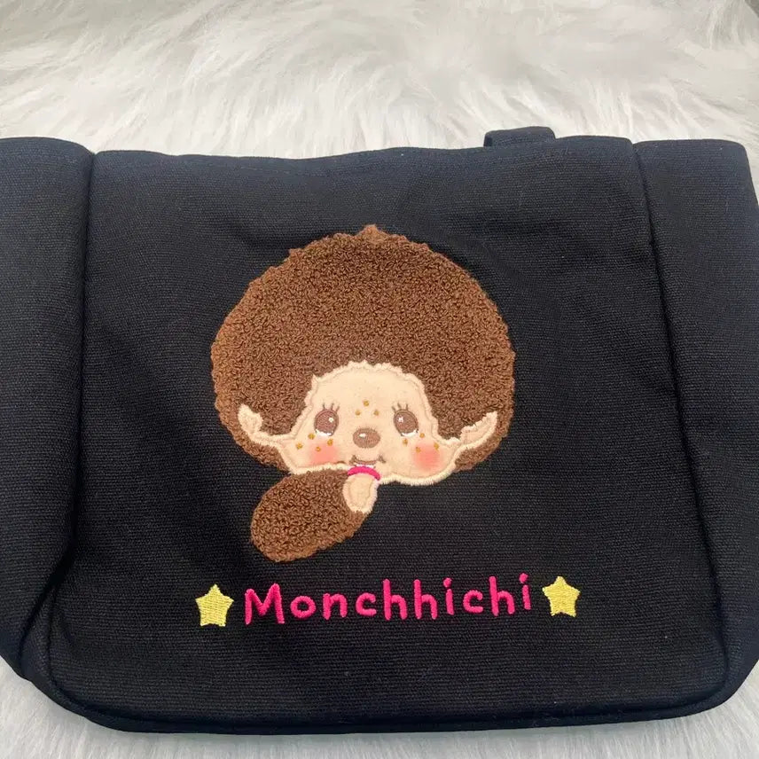 [BUNJANG] Monchhichi Black Embroidered Eco Bag / 몬치치 검정 에코백 자수 가방