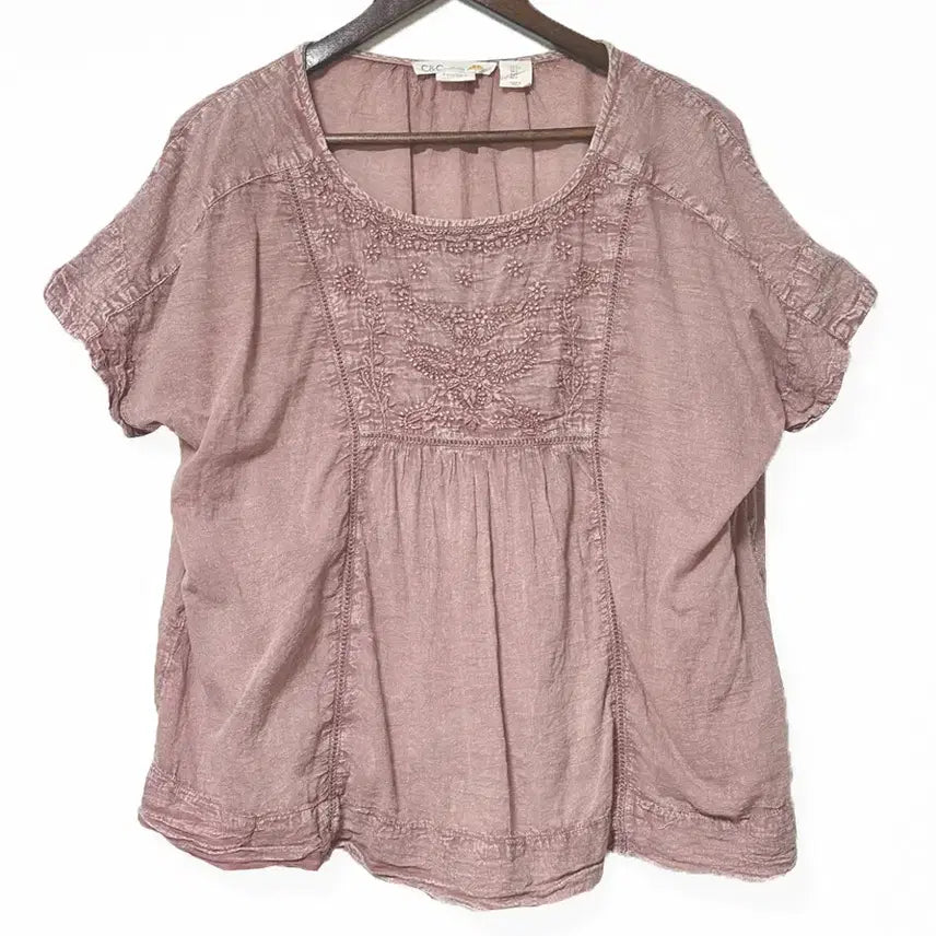 [SOLD OUT] 일본빈티지 자수에스닉 워싱면오버반팔티 인디핑크모리걸하구미룩갸루y2k히피