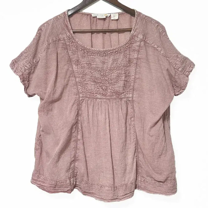 [SOLD OUT] 일본빈티지 자수에스닉 워싱면오버반팔티 인디핑크모리걸하구미룩갸루y2k히피