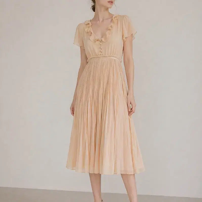 [BUNJANG] Ray Beams Vintage Romantic Ruffle Pleated Dress / Ray Beams 레이빔즈 빈티지 로맨틱 러플 플리츠 원피스 양산형