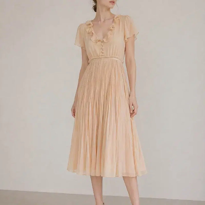 [BUNJANG] Ray Beams Vintage Romantic Ruffle Pleated Dress / Ray Beams 레이빔즈 빈티지 로맨틱 러플 플리츠 원피스 양산형