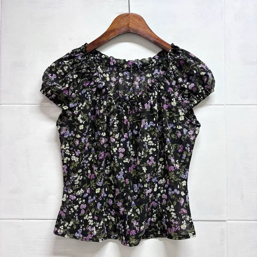 [BUNJANG] Poudre Floral Pattern Purple Ribbon Fairy See-through Blouse (JPN) / poudre 잔꽃 패턴 퍼플 리본 페어리 퍼프 시스루 블라우스 JPN