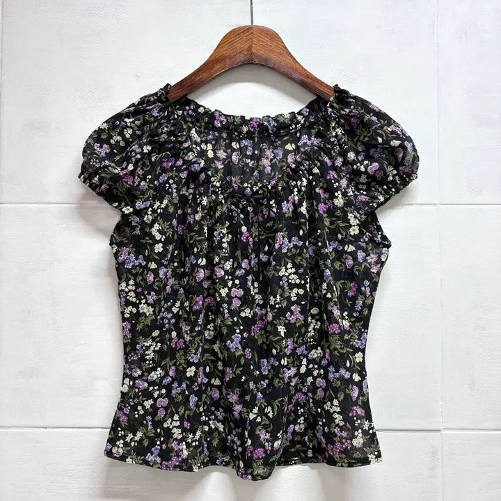 [BUNJANG] Poudre Floral Pattern Purple Ribbon Fairy See-through Blouse (JPN) / poudre 잔꽃 패턴 퍼플 리본 페어리 퍼프 시스루 블라우스 JPN