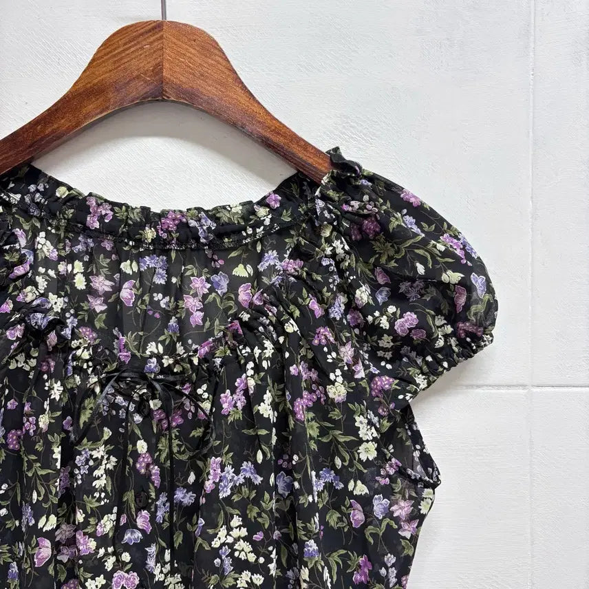 [BUNJANG] Poudre Floral Pattern Purple Ribbon Fairy See-through Blouse (JPN) / poudre 잔꽃 패턴 퍼플 리본 페어리 퍼프 시스루 블라우스 JPN