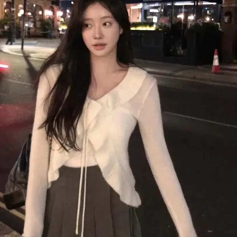 [BUNJANG] Leeds Senne Ruffle Cardigan &amp; Pleats Skirt Set / Leeds 코디세트 센느러플가디건 플리츠스커트 xs