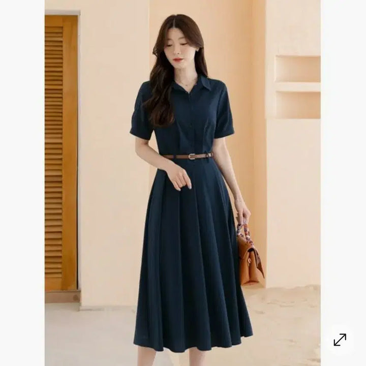 [BUNJANG] Chicline Damoe Navy Long Dress / 시크라인 다모에 셔츠 핀턱 벨트 롱 원피스 네이비 M