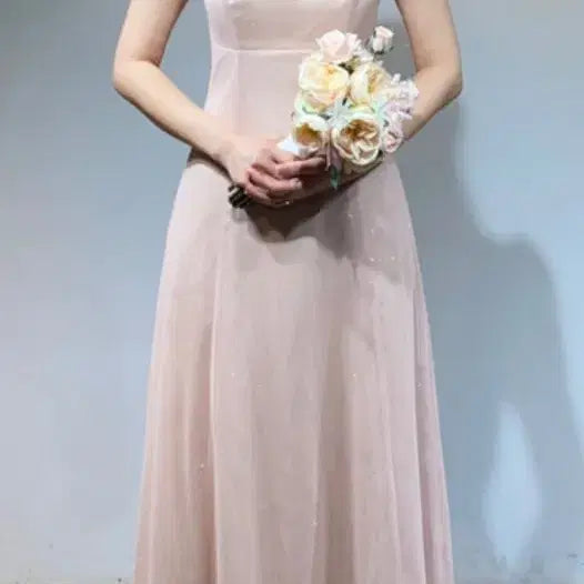 [BUNJANG] Beige Satin Organza Long Dress / 베이지 새틴 오간자 롱 원피스