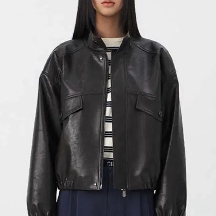 [BUNJANG] GROVE Leather Zip-Up Jacket / 그로브 레더 집업 자켓 가죽 하이넥 블루종