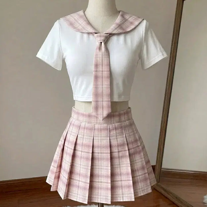 [BUNJANG] Pink Check Pleated School Uniform Skirt Top Set Costume Setup / [새상품] SET 핑크 체크 플리츠 교복 상의 스커트 세트 코스튬 셋업