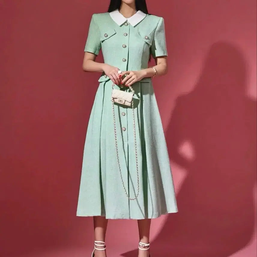 [SOLD OUT] 딘트 카라 트위드 민트 원피스