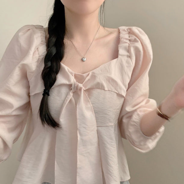 [BUNJANG] Satin Silky Puff Sleeve Square Neck Blouse / 리본 타이 스퀘어넥 긴팔 블라우스 새틴 실키 퍼프 핑크 아이보리 소라