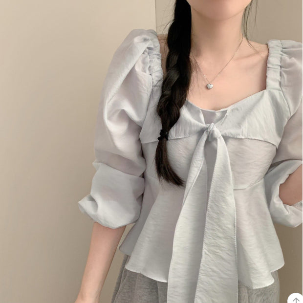 [BUNJANG] Satin Silky Puff Sleeve Square Neck Blouse / 리본 타이 스퀘어넥 긴팔 블라우스 새틴 실키 퍼프 핑크 아이보리 소라
