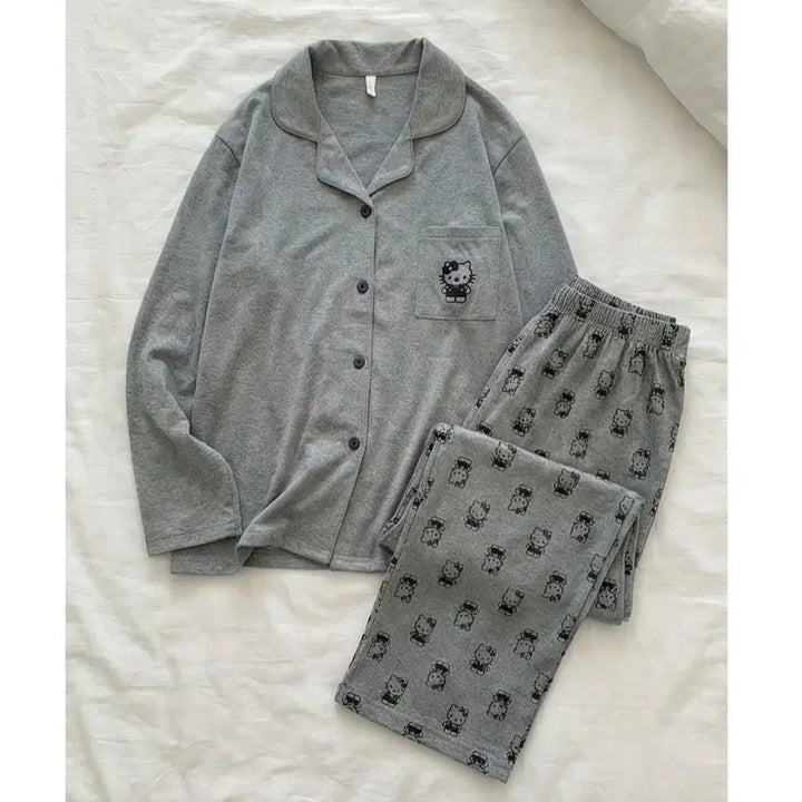 [BUNJANG] Hello Kitty Home Wear Set Gray Collar Pajamas / (새상품) 키티 홈웨어 세트 그레이 카라 잠옷 파자마