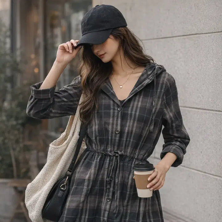 [BUNJANG] Checkered Hooded Cotton Shirt Dress / 체크 후드 면 셔츠 원피스 새제품