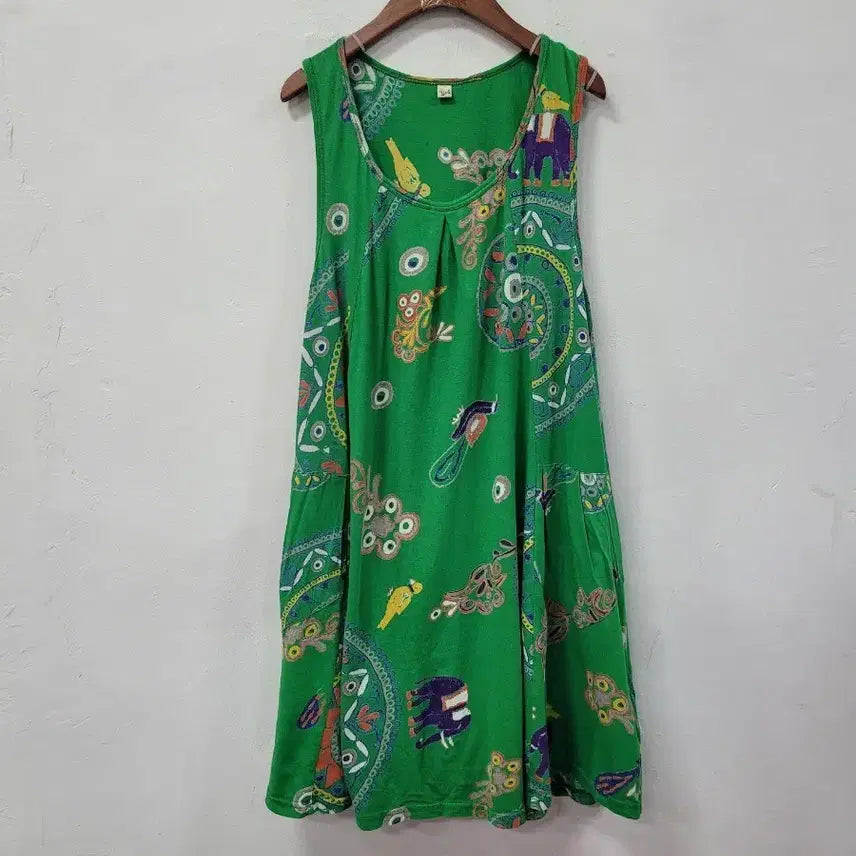 [BUNJANG] Yul Sleeveless Ethnic Pattern Dress / yul 에스닉 그린 패턴 민소매 원피스