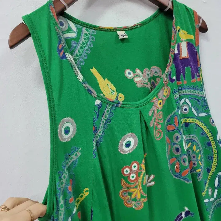 [BUNJANG] Yul Sleeveless Ethnic Pattern Dress / yul 에스닉 그린 패턴 민소매 원피스