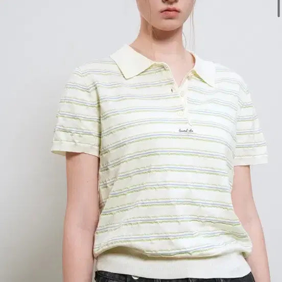 [BUNJANG] General Idea Striped Short Sleeve Knit Top / 제너럴아이디어 스트라이프 반팔 카라 니트 모리걸 프롬비기닝 김아홉
