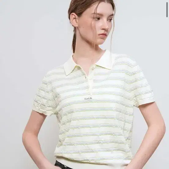 [BUNJANG] General Idea Striped Short Sleeve Knit Top / 제너럴아이디어 스트라이프 반팔 카라 니트 모리걸 프롬비기닝 김아홉