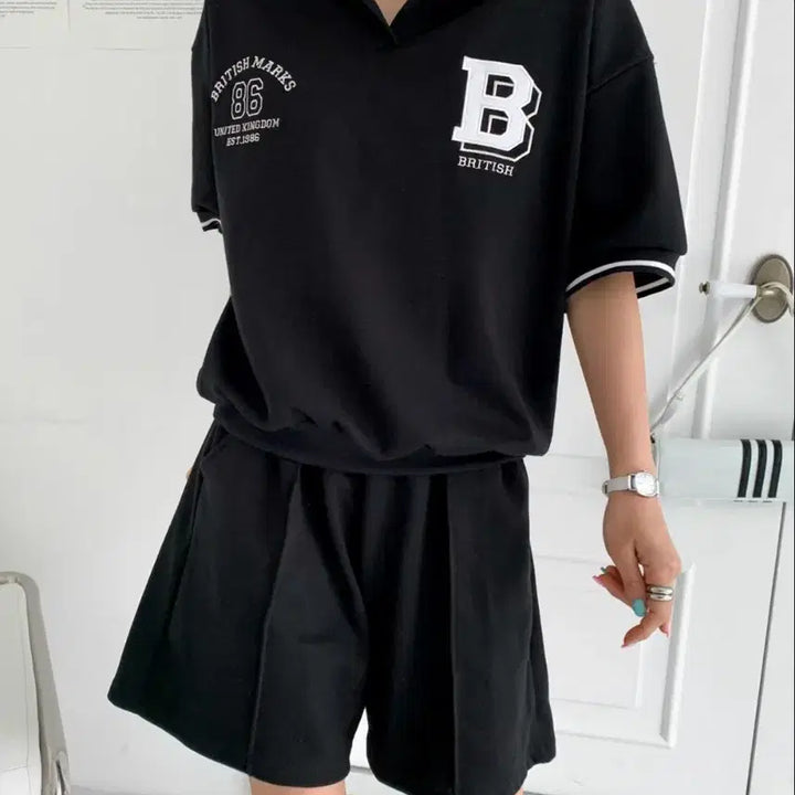 [BUNJANG] Black Short Sleeve Collar T-Shirt and Shorts Set / 블랙 반팔 카라티 반바지 세트