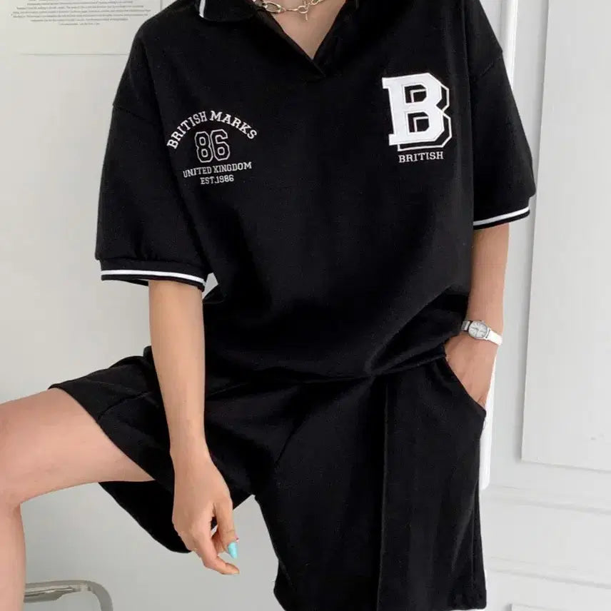 [BUNJANG] Black Short Sleeve Collar T-Shirt and Shorts Set / 블랙 반팔 카라티 반바지 세트