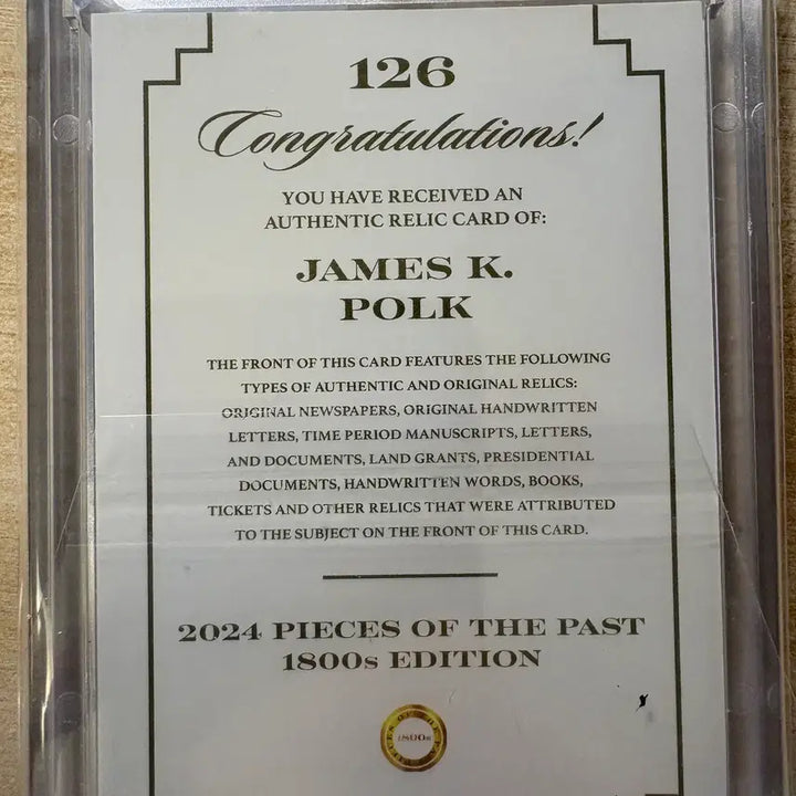 [BUNJANG] James K. Polk Relic Card / 미국 11대 대통령 제임스.K.포크 렐릭카드
