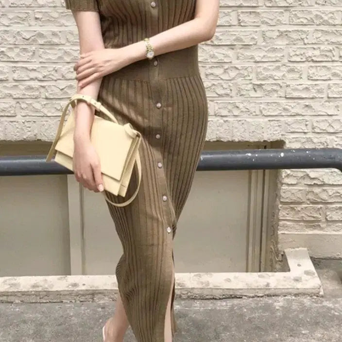[BUNJANG] Knit Half-Sleeve Long Dress Khaki / 골지 니트 반팔 롱 원피스 카키
