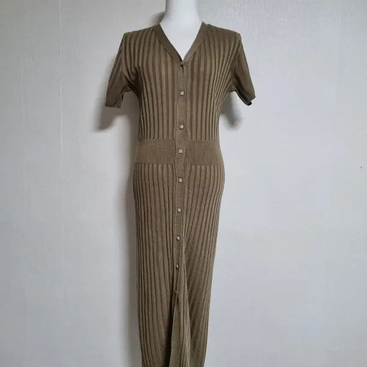 [BUNJANG] Knit Half-Sleeve Long Dress Khaki / 골지 니트 반팔 롱 원피스 카키