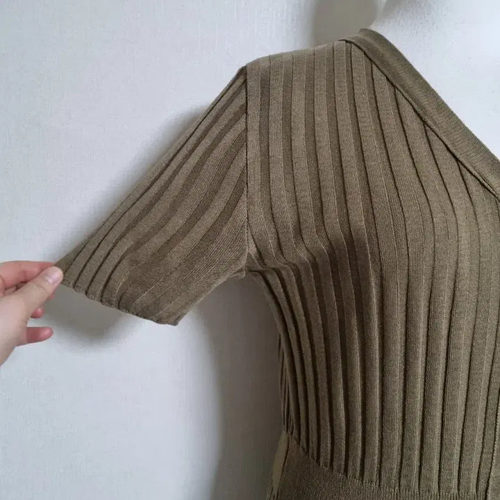 [BUNJANG] Knit Half-Sleeve Long Dress Khaki / 골지 니트 반팔 롱 원피스 카키