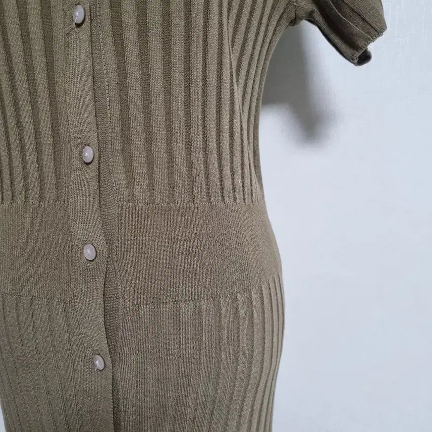 [BUNJANG] Knit Half-Sleeve Long Dress Khaki / 골지 니트 반팔 롱 원피스 카키