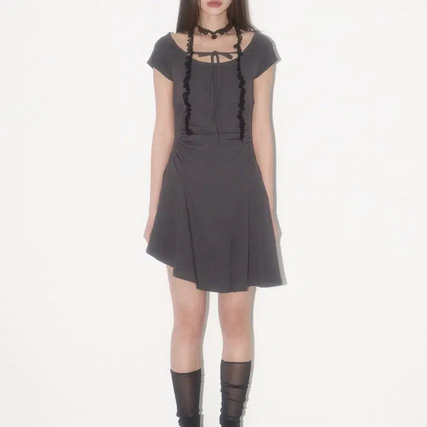 [BUNJANG] Illigo Lace Shirring Flare Mini Dress Charcoal / 일리고 레이스 셔링 플레어 원피스 차콜