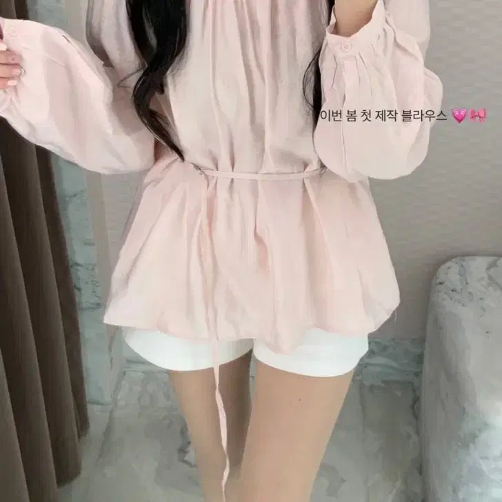[BUNJANG] Ru&amp;Mary Off-Shoulder Blouse Set with Drawstring / 루앤메리 오프숄더 핑크 블라우스 셔링 끈 세트