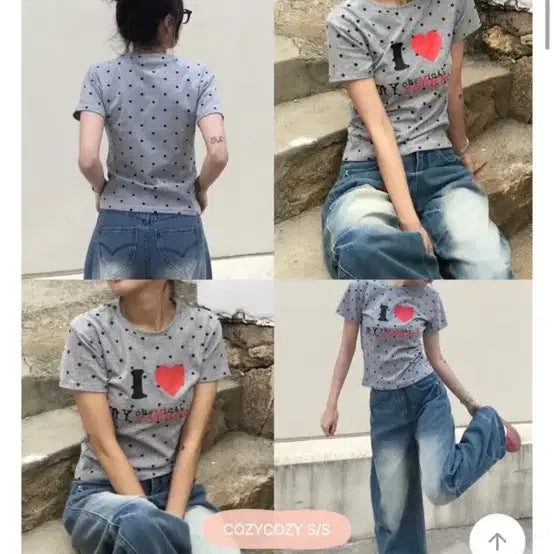 [BUNJANG] Loveheart Lettering Dot Short Sleeve T-Shirt / 에이블리 러브하트 레터링 도트 반팔티