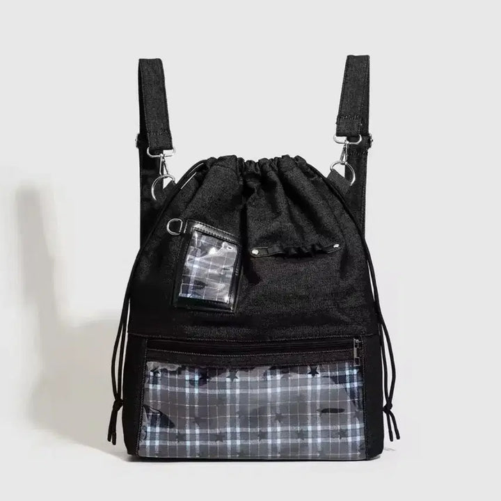 [BUNJANG] Denim Vintage Check Point Campus Goods Doll Backpack Bag Black / 데님 데일리 빈티지 체크 포인트 캠퍼스 굿즈 인형 백팩 가방 블랙