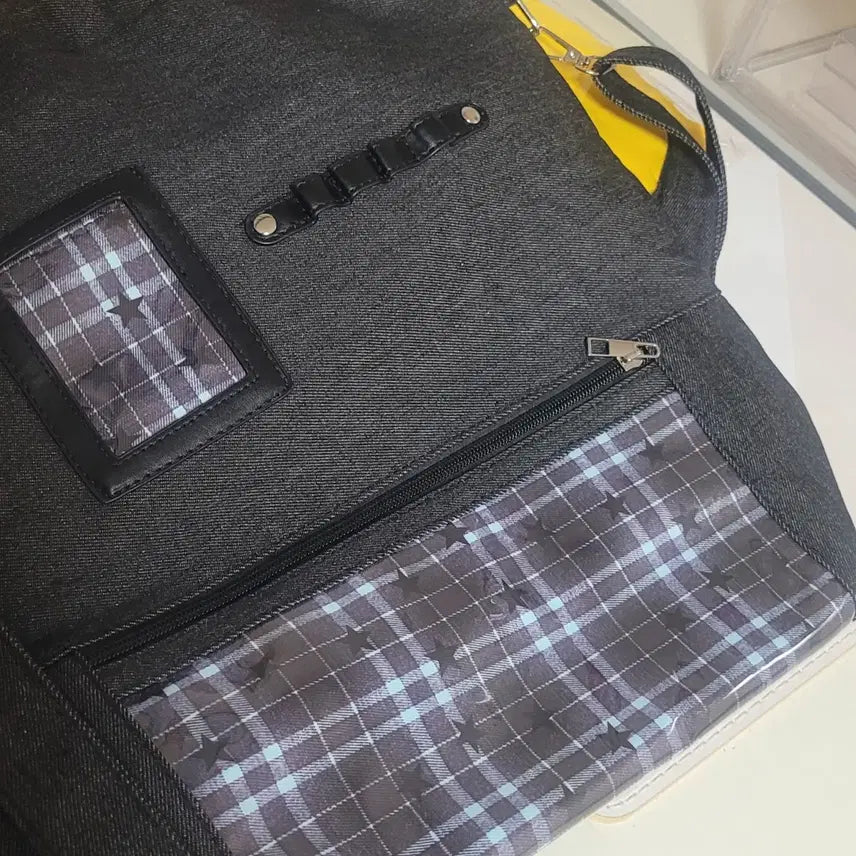 [BUNJANG] Denim Vintage Check Point Campus Goods Doll Backpack Bag Black / 데님 데일리 빈티지 체크 포인트 캠퍼스 굿즈 인형 백팩 가방 블랙