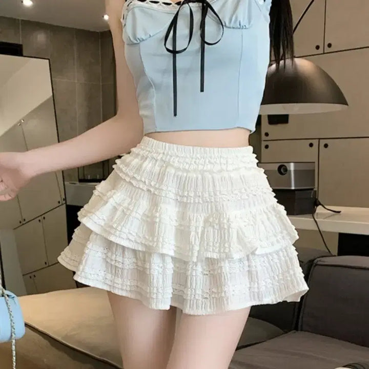 [BUNJANG] Ivory Meringue Tiered Mini Skirt with Built-in Shorts / [속바지내장] 아이보리 머랭 캉캉 미니 스커트 치마