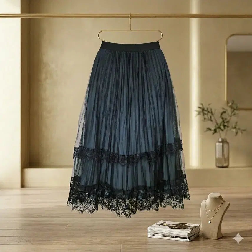 [BUNJANG] Romantic Lace Tulle Pleated Long Skirt / 로맨틱 레이스 튈 플리츠 롱스커트 (네이비/밴딩/총장 82)