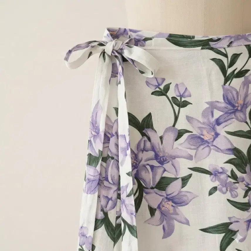 [BUNJANG] Lavender Floral Linen Wrap Long Skirt / [청순보스]라벤더 플라워 린넨 랩 롱스커트 (새상품급)
