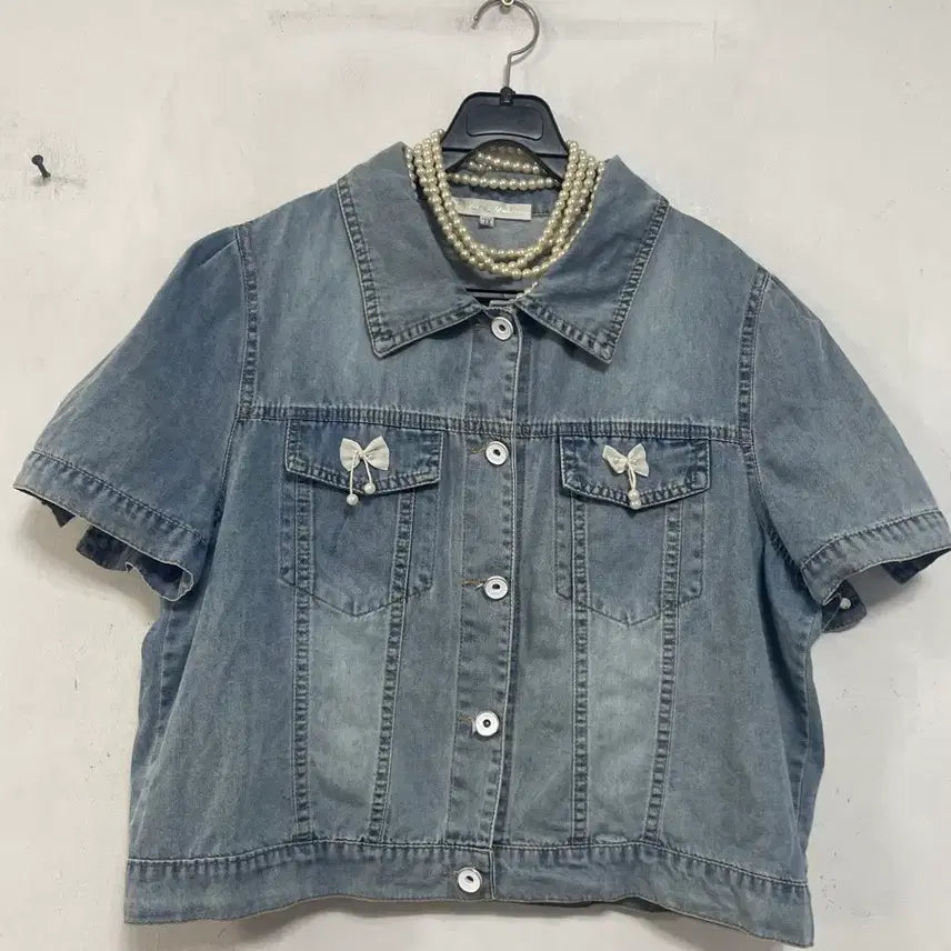 [BUNJANG] N6220 Ribbon Denim Jacket / 초특가)N6220 리본 청 자켓.데님.퍼프.세미크롭