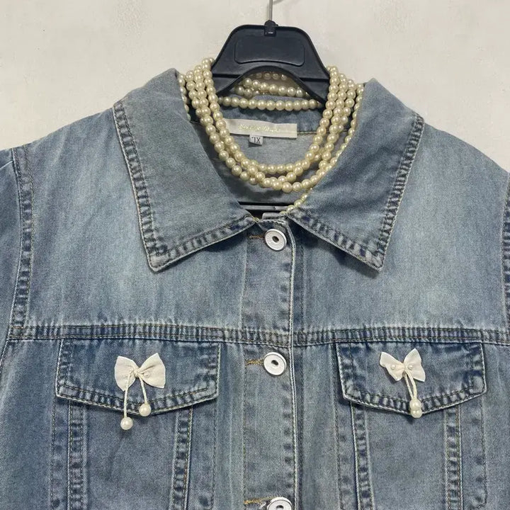[BUNJANG] N6220 Ribbon Denim Jacket / 초특가)N6220 리본 청 자켓.데님.퍼프.세미크롭