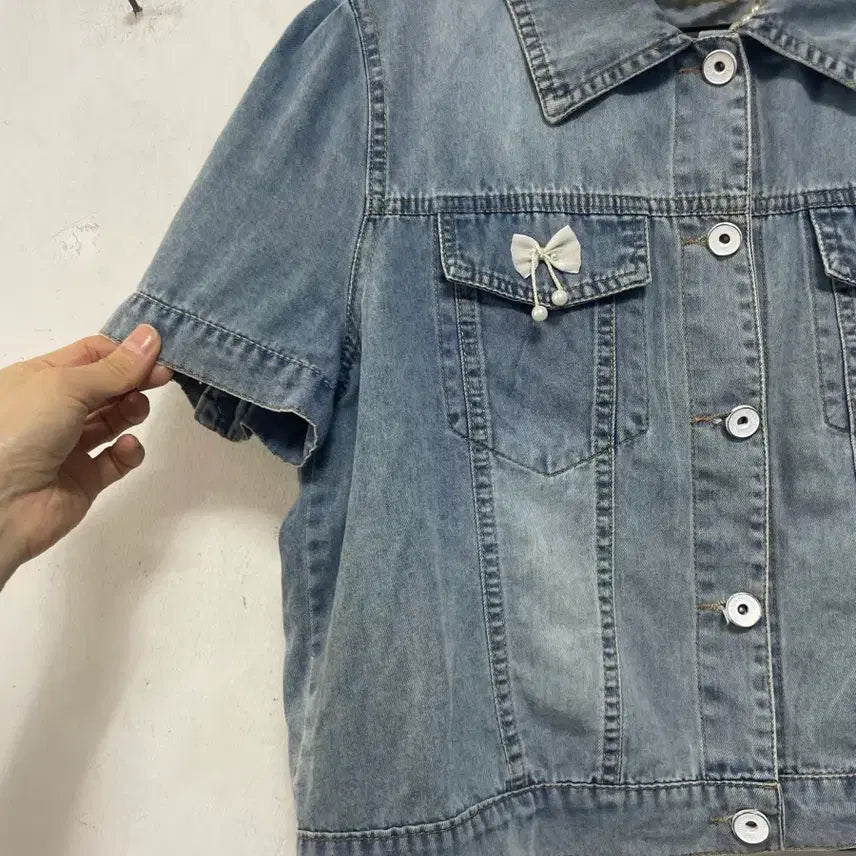[BUNJANG] N6220 Ribbon Denim Jacket / 초특가)N6220 리본 청 자켓.데님.퍼프.세미크롭