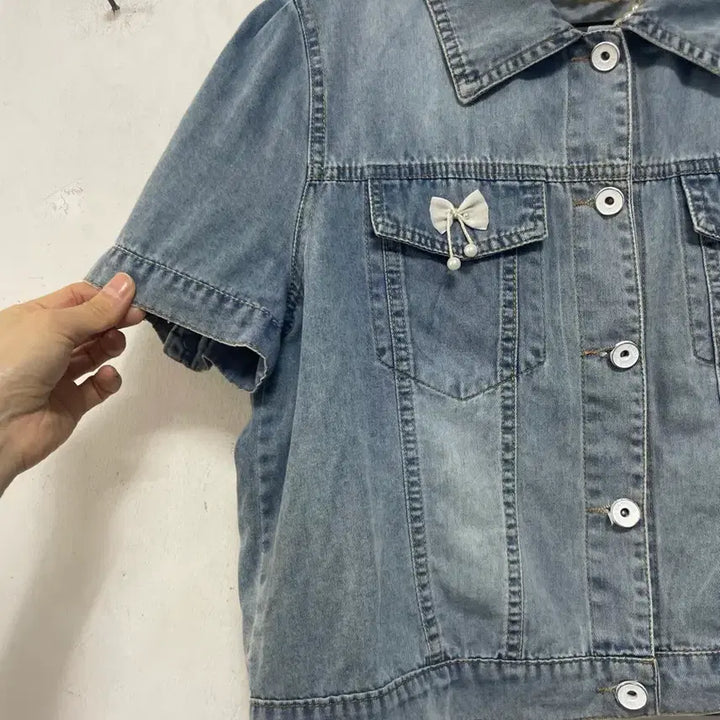 [BUNJANG] N6220 Ribbon Denim Jacket / 초특가)N6220 리본 청 자켓.데님.퍼프.세미크롭