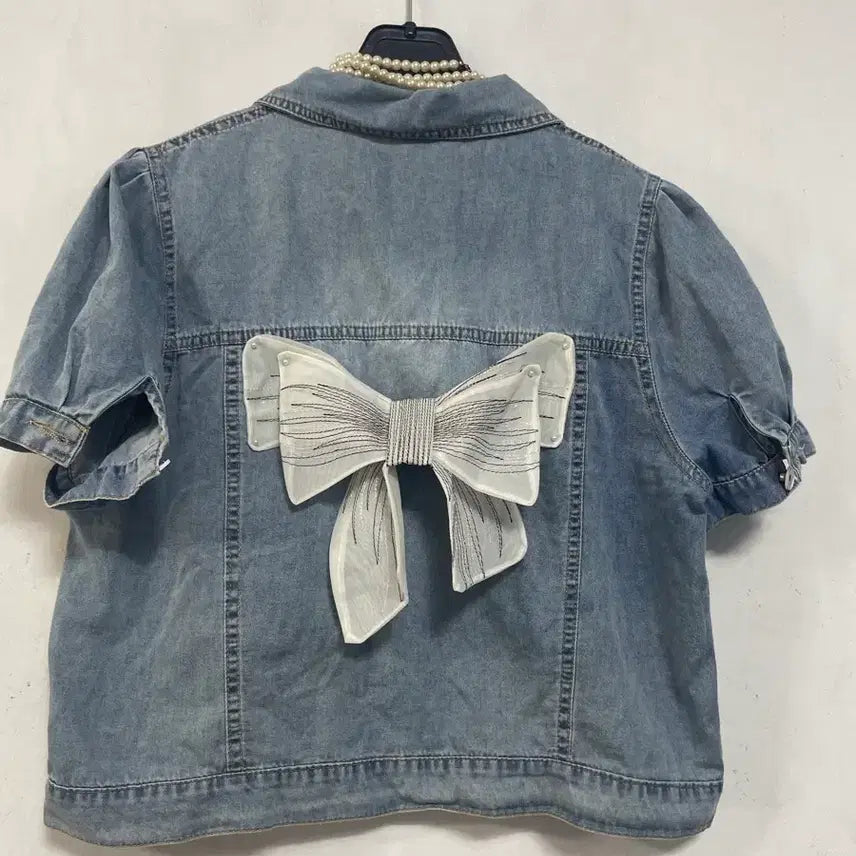 [BUNJANG] N6220 Ribbon Denim Jacket / 초특가)N6220 리본 청 자켓.데님.퍼프.세미크롭