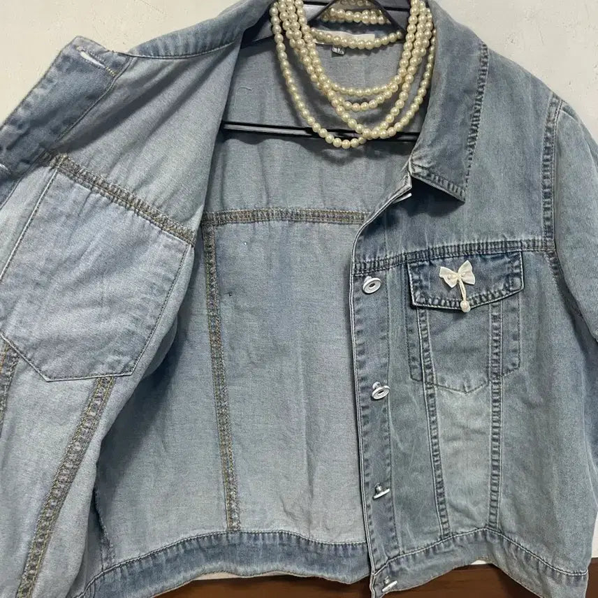 [BUNJANG] N6220 Ribbon Denim Jacket / 초특가)N6220 리본 청 자켓.데님.퍼프.세미크롭