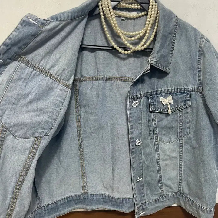 [BUNJANG] N6220 Ribbon Denim Jacket / 초특가)N6220 리본 청 자켓.데님.퍼프.세미크롭