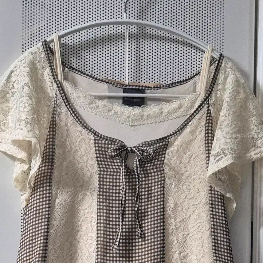 [SOLD OUT] 빈티지 모리걸 체크 레이스 패치워크 리본 미니 원피스